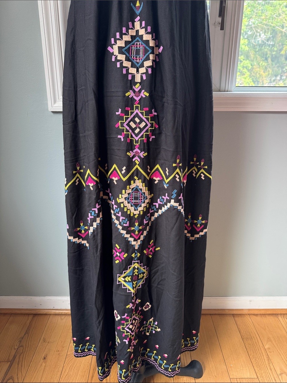 Anthropologie boho spaghetti strap black viscose embroidered full dress EUC S/M - Picture 3 of 10